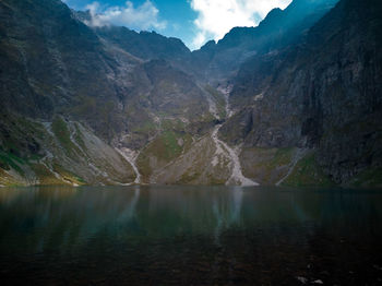 Scenic view of lake by mountains against sky