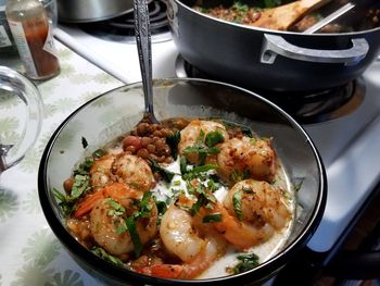 High angle view of food in bowl on table