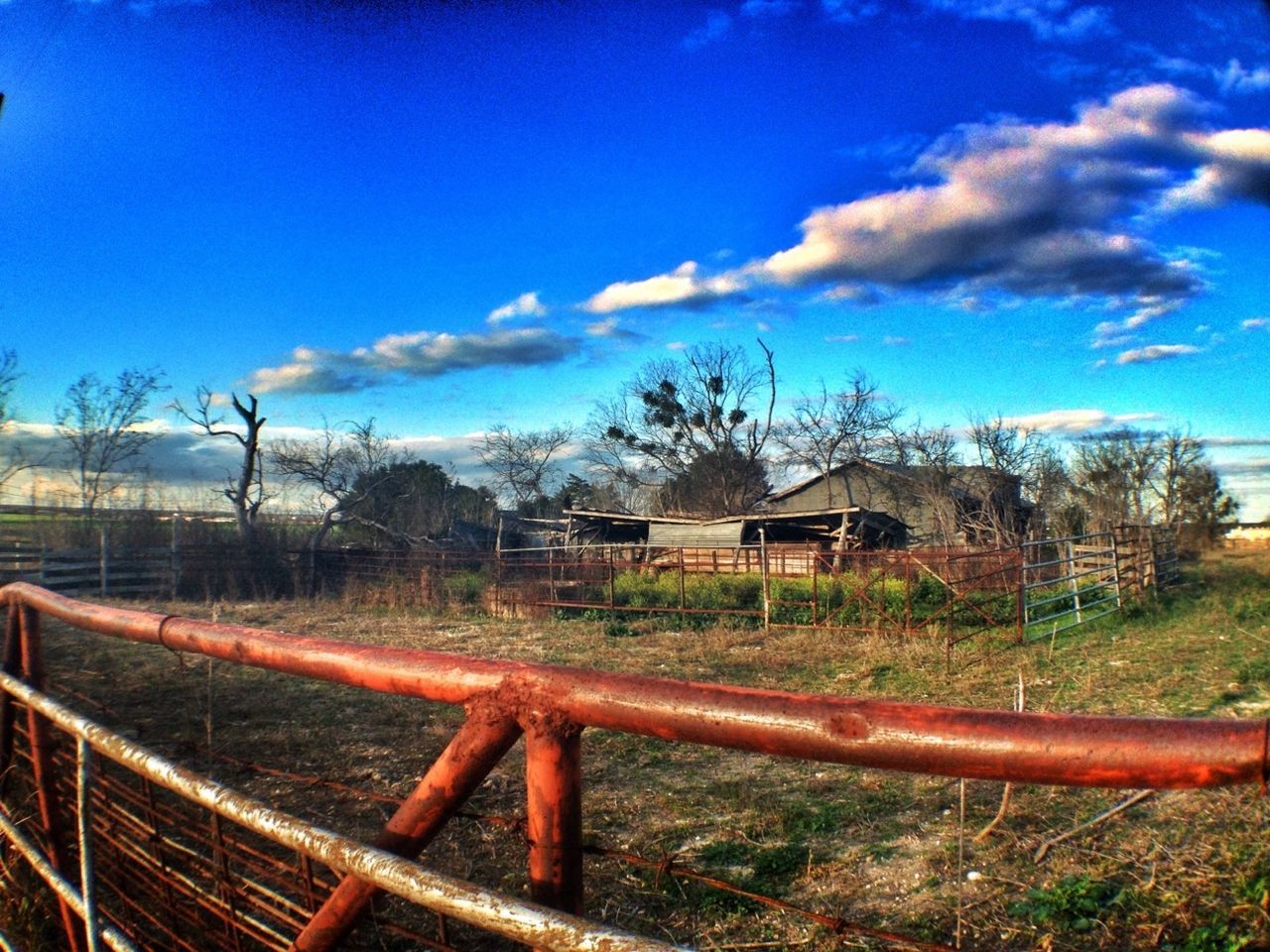 blue, sky, built structure, building exterior, architecture, field, cloud - sky, fence, tree, cloud, house, rural scene, grass, landscape, day, metal, no people, outdoors, growth, nature