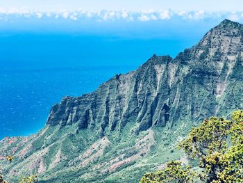 Scenic view of sea and mountains against sky