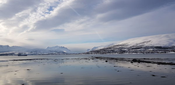 Scenic view of snowcapped mountains against sky