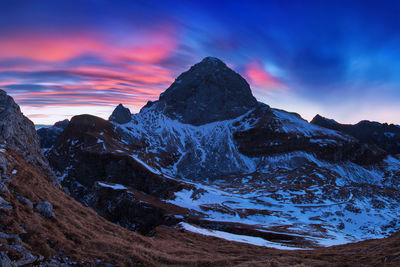 Scenic view of snowcapped mountains against sky during sunset