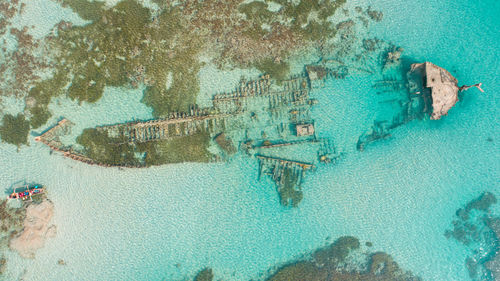 Aerial view of the ship wreck in the indian ocean in dar es salaam.