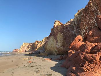 Rock formations on beach against clear blue sky