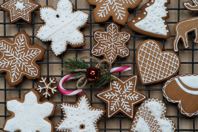 High angle view of christmas decorations on table