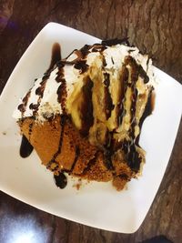 High angle view of chocolate cake in plate