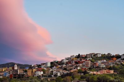 Buildings in city against sky at sunset