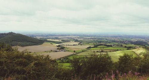 High angle view of trees on landscape against cloudy sky