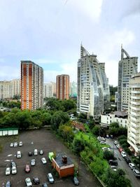 High angle view of city buildings against sky