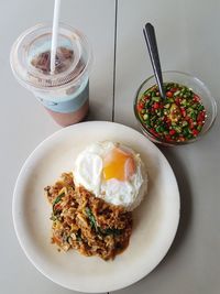 High angle view of breakfast on table