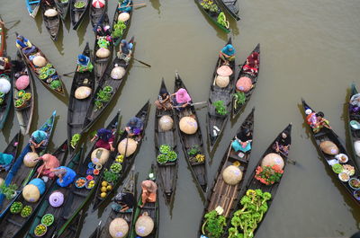High angle view of multi colored boats in lake