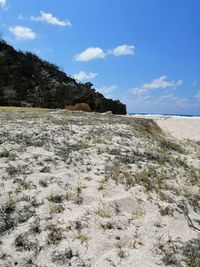 Rock formations on shore against sky