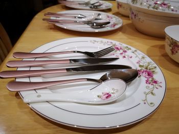 High angle view of cake in plate on table