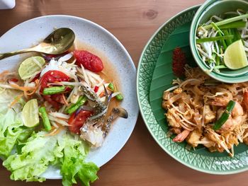 High angle view of meal served on table