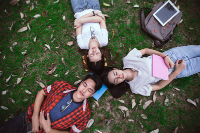 High angle view of young couple lying on field