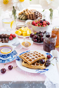 High angle view of breakfast served on table