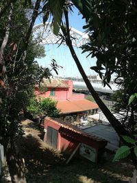 Houses and trees in village against sky