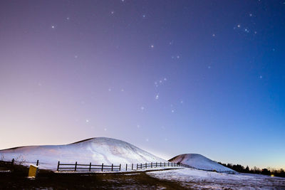 Snow covered landscape against clear sky