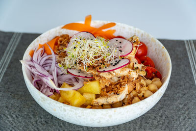 High angle view of food in plate on table