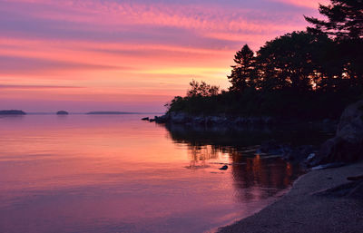 Brilliant colorful skies and ocean waters at sunrise with silhouetted trees.