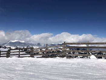 Snow covered landscape against sky