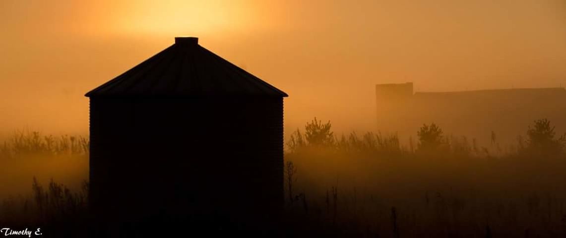 sunset, silhouette, architecture, built structure, building exterior, fog, house, no people, spooky, outdoors, tree, winter, sky, beauty in nature, nature, day