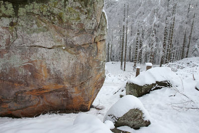 Snow covered rocks on land