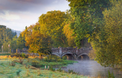 Arch bridge over river during autumn