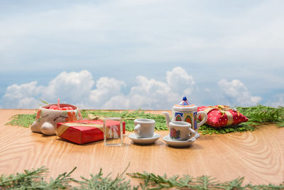 Food on table against sky