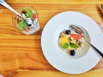 High angle view of breakfast on table