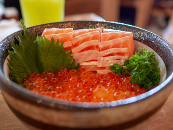 Close-up of fruit salad in bowl on table