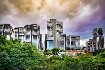 View of buildings in city against cloudy sky