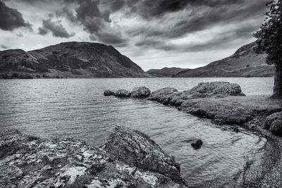 Scenic view of lake and mountains against sky