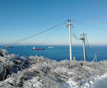 Scenic view of sea against clear blue sky