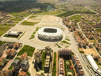 High angle view of city buildings