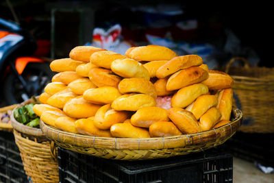 Closeup view of hot and crispy bread is displayed on the street in the dam market, nha trang city