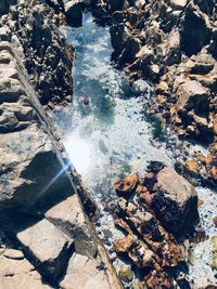 High angle view of water on rock in sea