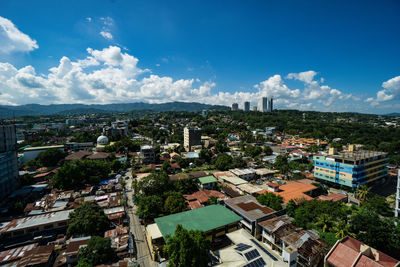 High angle view of buildings against sky