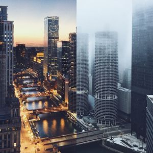 Cityscape seen through window 