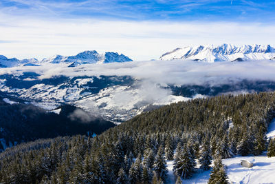 Scenic view of snow covered mountains against sky