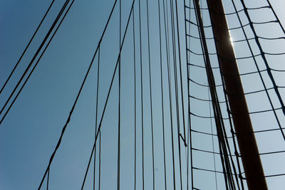 Low angle view of mast against clear sky during sunny day