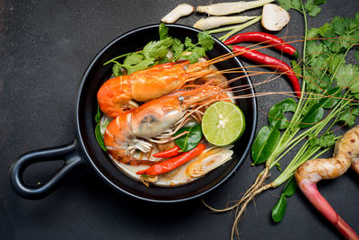 High angle view of seafood in cooking pan