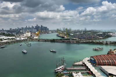 High angle view of cityscape against cloudy sky