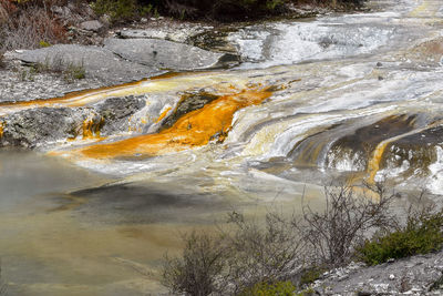 High angle view of water flowing through rocks