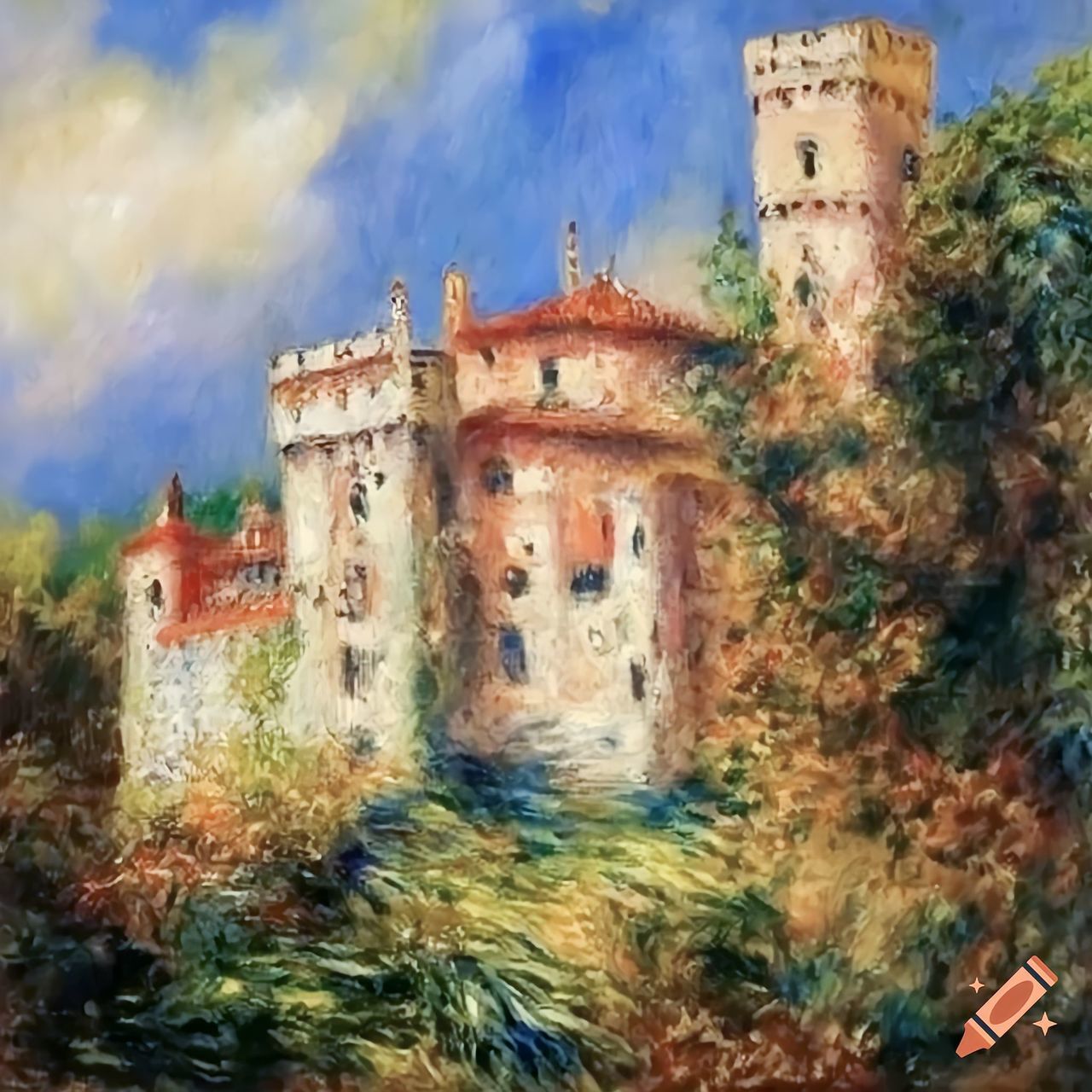 architecture, castle, built structure, building exterior, building, painting, history, the past, sky, nature, cloud, old, plant, château, no people, fort, travel destinations, tree, water castle, medieval, day, outdoors, abandoned, travel, moat, house, watercolor paint, land, ancient, wall, old ruin