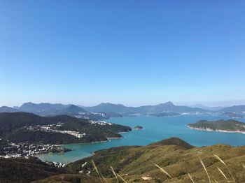 Scenic view of lake against clear blue sky