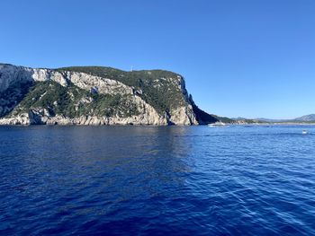 Scenic view of sea against clear blue sky