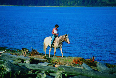 Young woman riding horse in sea