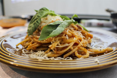 Close-up of food in plate on table