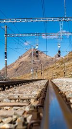 Railroad tracks against clear blue sky